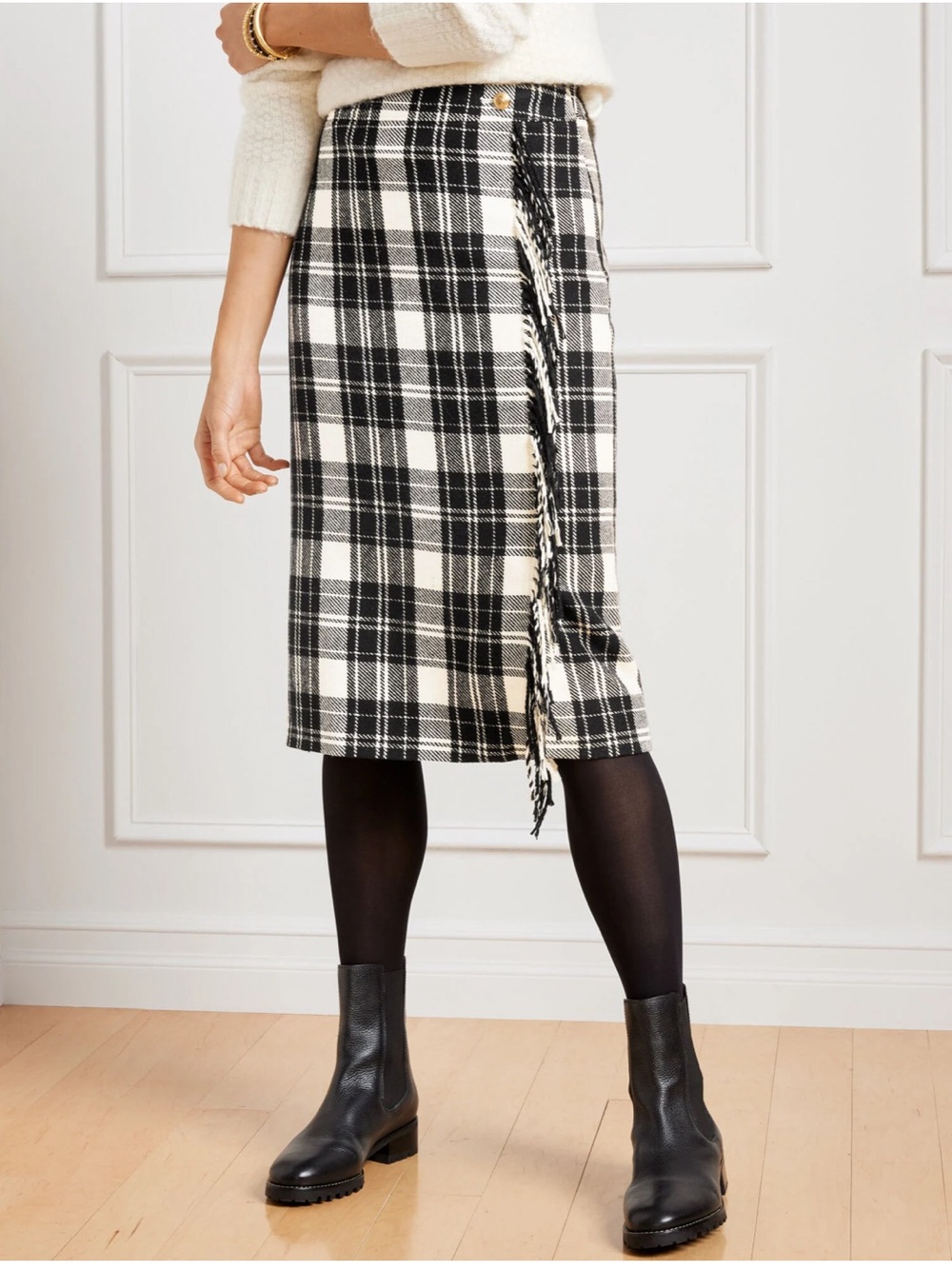 NWT Talbots FRINGE WRAP MIDI SKIRT ICE PLAID Black Ivory Sz 2 Wool Blend